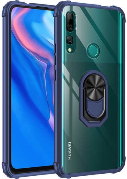 Huawei Y9 Prime 2019 Kapak Şeffaf Yüzüklü Kenar Korumalı Standlı Kılıf - Lacivert