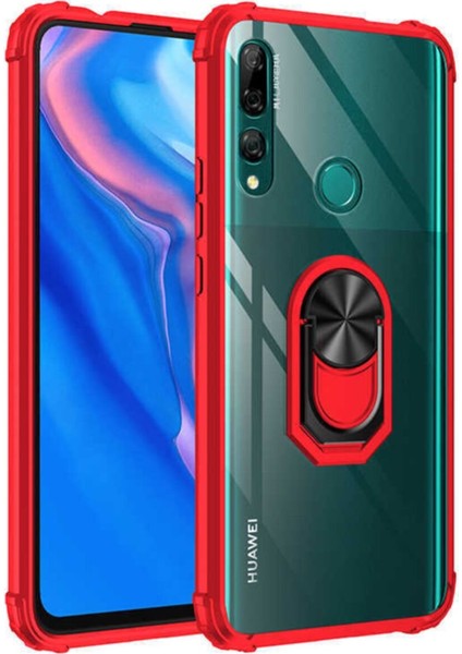 Huawei Y9 Prime 2019 Kapak Şeffaf Yüzüklü Kenar Korumalı Standlı Kılıf - Kırmızı