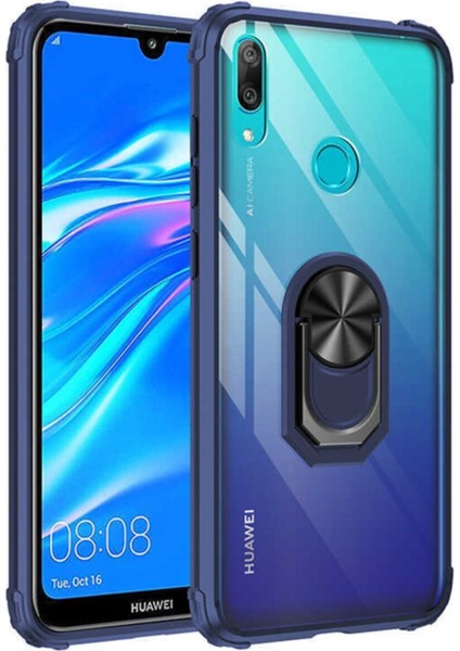 Huawei Y7 Prime 2019 Kapak Şeffaf Yüzüklü Kenar Korumalı Standlı Kılıf - Lacivert