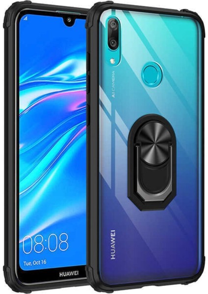 Huawei Y7 Prime 2019 Kapak Şeffaf Yüzüklü Kenar Korumalı Standlı Kılıf - Siyah