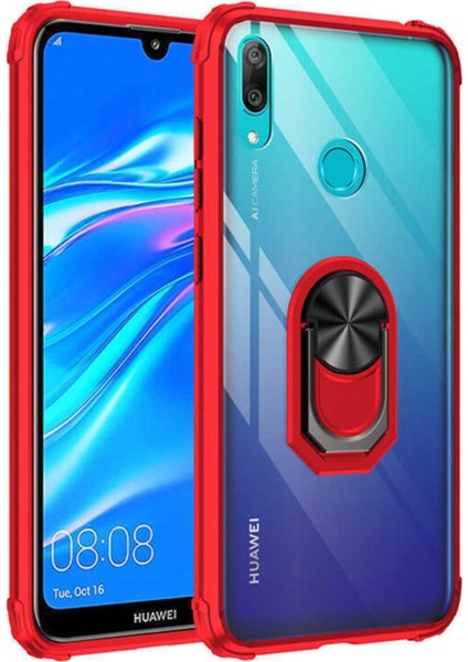 Huawei Y7 Prime 2019 Kapak Şeffaf Yüzüklü Kenar Korumalı Standlı Kılıf - Kırmızı