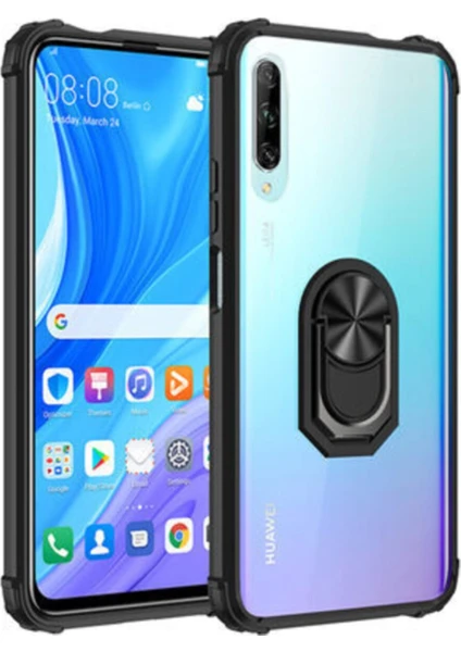 Huawei P Smart Pro 2019 Kapak Şeffaf Yüzüklü Kenar Korumalı Standlı Kılıf - Siyah