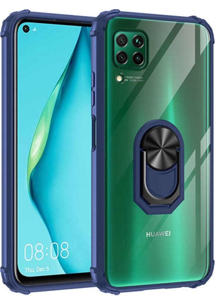 Huawei P 40 Lite Kapak Şeffaf Yüzüklü Kenar Korumalı Standlı Kılıf - Lacivert