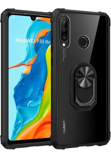 Huawei P 30 Lite Kapak Şeffaf Yüzüklü Kenar Korumalı Standlı Kılıf - Siyah