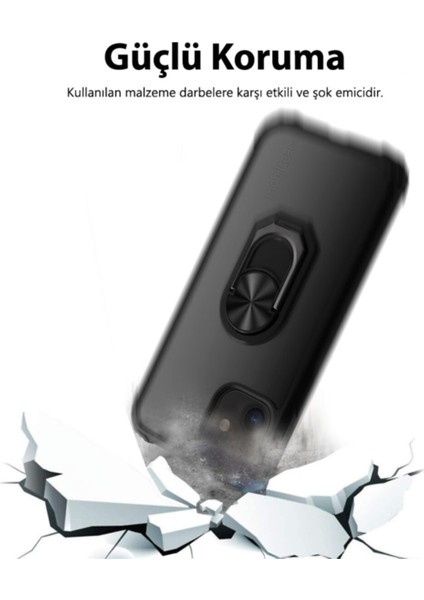 Huawei P 30 Lite Kapak Şeffaf Yüzüklü Kenar Korumalı Standlı Kılıf - Siyah