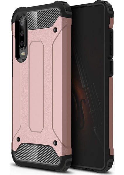 Huawei P30 Kapak Çift Katmanlı Zırh Tank Kılıf - Rose Gold