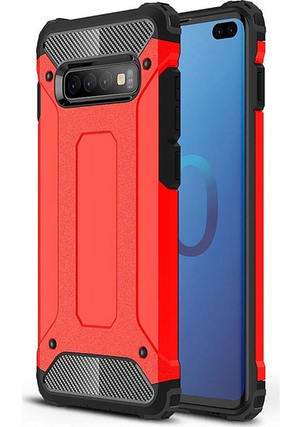 Samsung Galaxy S10 Plus Kapak Çift Katmanlı Zırh Tank Kılıf - Kırmızı