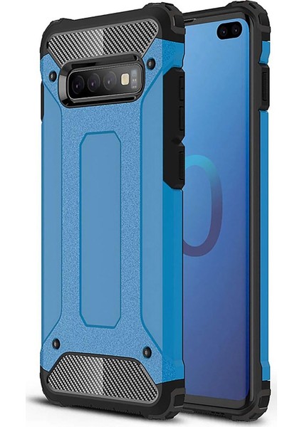 Samsung Galaxy S10 Plus Kapak Çift Katmanlı Zırh Tank Kılıf - Mavi