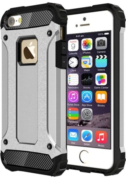 Apple iPhone 5s Kapak Çift Katmanlı Zırh Tank Kılıf - Gri