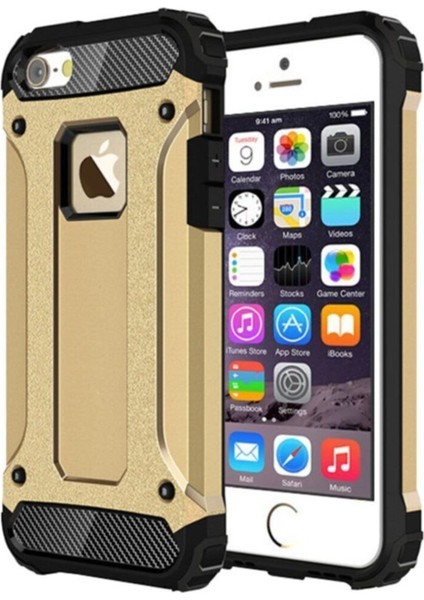 Apple iPhone 5s Kapak Çift Katmanlı Zırh Tank Kılıf - Gold