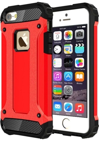 Apple iPhone 5s Kapak Çift Katmanlı Zırh Tank Kılıf - Kırmızı