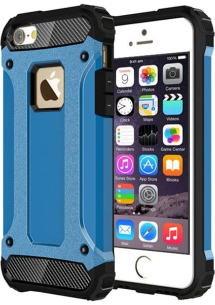 Apple iPhone 5s Kapak Çift Katmanlı Zırh Tank Kılıf - Mavi