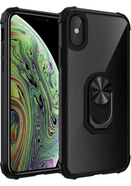 Apple iPhone XS Max Kapak Şeffaf Yüzüklü Kenar Korumalı Standlı Kılıf - Siyah