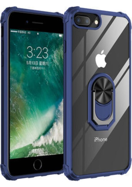 Apple iPhone 8 Plus Kapak Şeffaf Yüzüklü Kenar Korumalı Standlı Kılıf - Lacivert