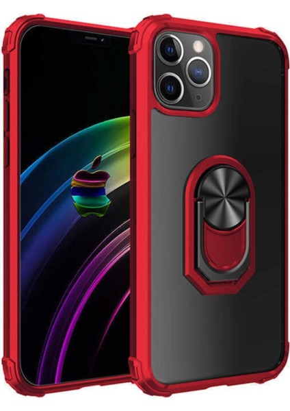 Apple iPhone 11 Pro Max Kapak Şeffaf Yüzüklü Kenar Korumalı Standlı Kılıf - Kırmızı