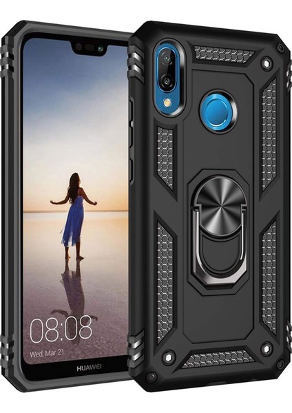 Huawei P20 Lite Kılıf Selfie Yüzüklü Tutuculu Iki Katmanlı Koruyucu VGA Siyah