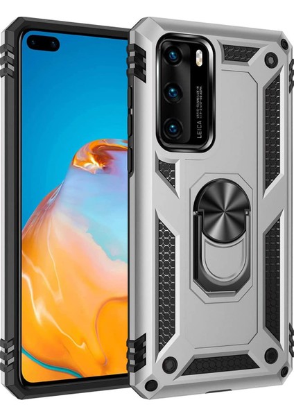 Huawei P40 Kılıf Selfie Yüzüklü Tutuculu Iki Katmanlı Koruyucu VGA Gri
