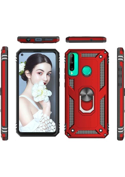 Huawei P40 Lite E Kılıf Selfie Yüzüklü Iki Katmanlı Koruyucu VGA Kırmızı