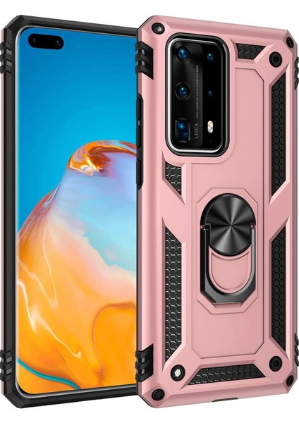 Huawei P40 Pro Kılıf Selfie Yüzüklü Iki Katmanlı Koruyucu VGA Rose Gold