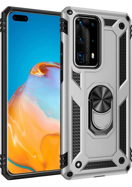 Huawei P40 Pro Kılıf Selfie Yüzüklü Iki Katmanlı Koruyucu VGA Gri