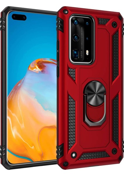 Huawei P40 Pro Kılıf Selfie Yüzüklü Iki Katmanlı Koruyucu VGA Kırmızı