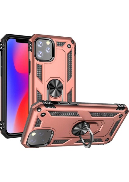 iPhone 11 Pro Max Kılıf 6.5 Inç Selfie Yüzüklü Iki Katmanlı Koruyucu VGA Rose Gold