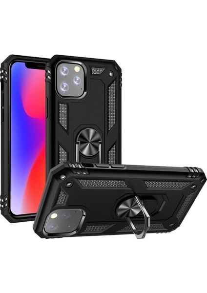 iPhone 11 Pro Max Kılıf 6.5 Inç Selfie Yüzüklü Iki Katmanlı Koruyucu VGA Siyah