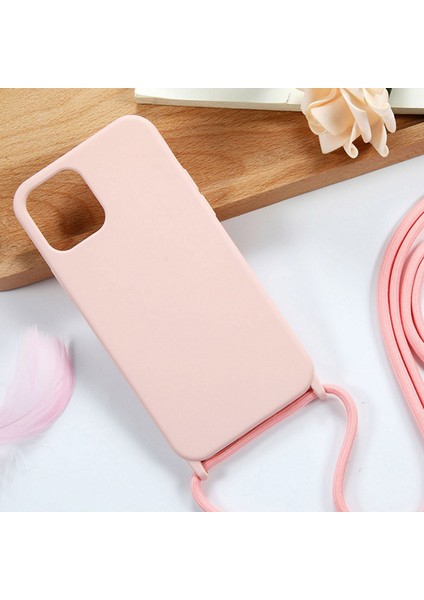 iPhone 12 Pro Kılıf Silikon Çapraz Boyun Askılı Kordonlu Hrp Açık Pembe