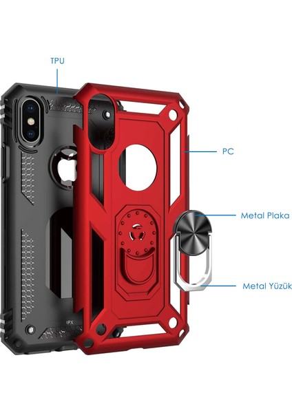 iPhone x Kılıf Selfie Yüzüklü Tutuculu Iki Katmanlı Koruyucu VGA Kırmızı