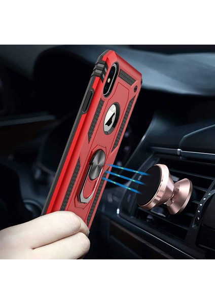 iPhone x Kılıf Selfie Yüzüklü Tutuculu Iki Katmanlı Koruyucu VGA Kırmızı