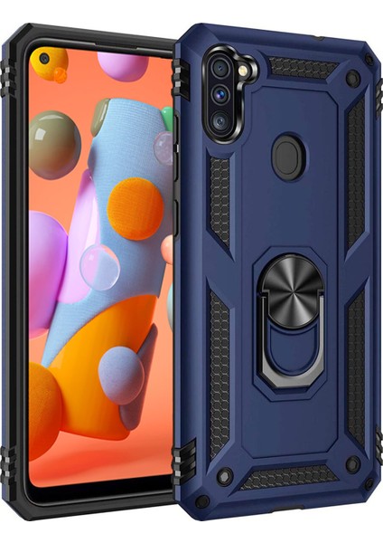 Samsung Galaxy M11 Kılıf M115 Selfie Yüzüklü Iki Katmanlı Koruyucu VGA Lacivert