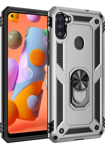 Samsung Galaxy M11 Kılıf M115 Selfie Yüzüklü Iki Katmanlı Koruyucu VGA Gri