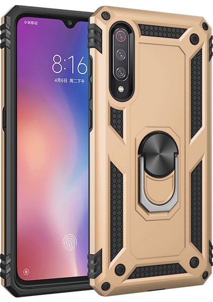 Xiaomi Mi 9 Kılıf Selfie Yüzüklü Tutuculu Iki Katmanlı Koruyucu VGA Gold
