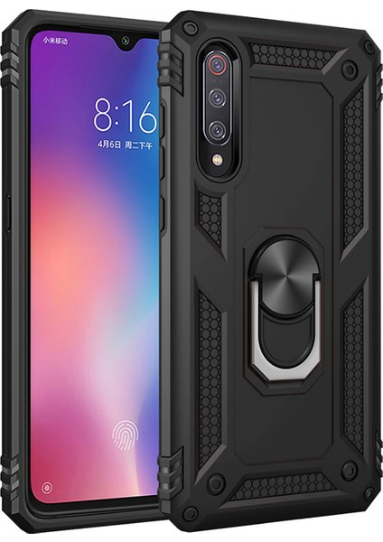 Xiaomi Mi 9 Kılıf Selfie Yüzüklü Tutuculu Iki Katmanlı Koruyucu VGA Siyah