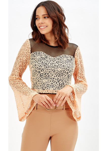 İspanyol Kollu Sırtı Açık Dantel Abiye Bluz SomÖn modelleri