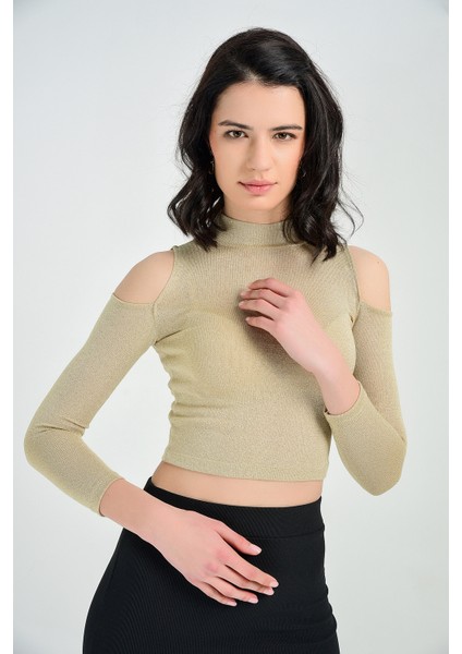 Omuz Basları Açık Balıkcı Yaka Bluz | BLZ14344 Bej