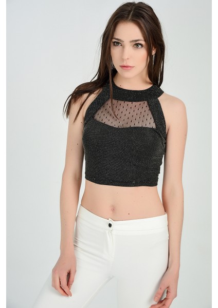 Simli Ön ve Arka Tül Bluz | BLZ31351 Gold