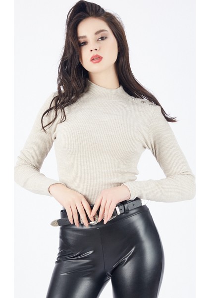 Omuzlari Düğmeli Bluz | BLZ14397 A. Vizon