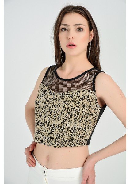 Bluz - Ön Fileli Arka Fermuarlı Payet Kısa Bluz | BLZ31450 Gold fiyatları