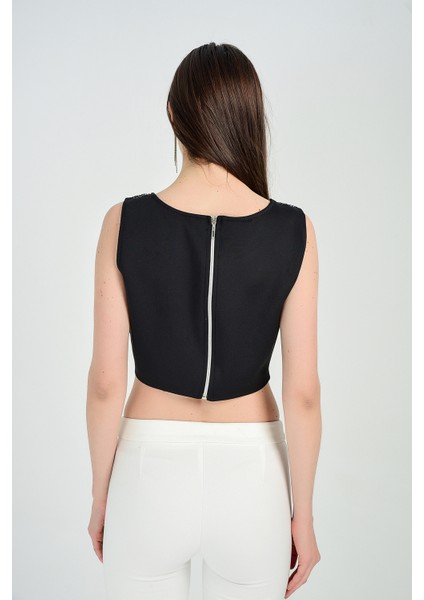 Bluz - Ön Fileli Arka Fermuarlı Payet Kısa Bluz | BLZ31450 Gold modelleri