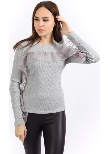 Sense Önü ve Kolları Büzgü Tüllü Kaşkorse Triko Bluz | BLZ32462 Gri
