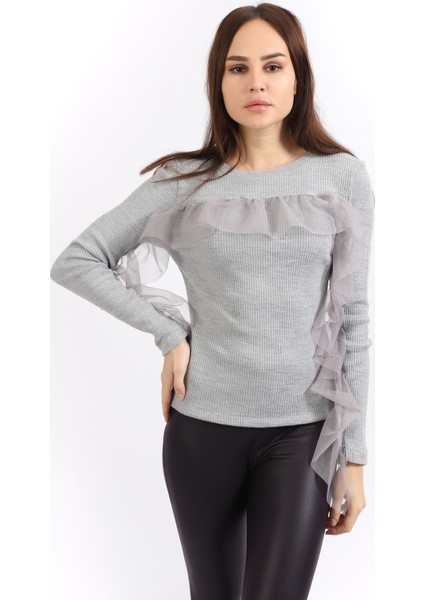 Sense Önü ve Kolları Büzgü Tüllü Kaşkorse Triko Bluz | BLZ32462 Gri fiyatları