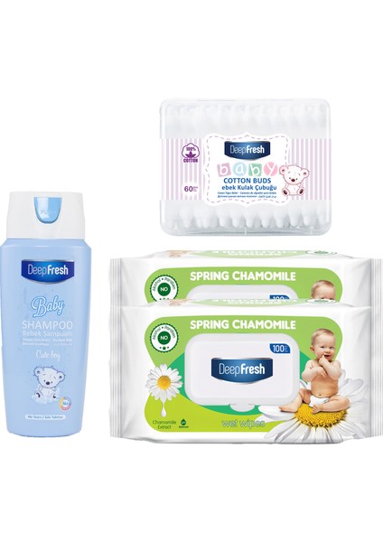 Deep Fresh Baby Erkek Ekonomik Paket (Cute Boy Şampuan 500 ml & Papatya Islak Mendil 200 Yaprak & Kulak Temizleme Çubuğu 60 Adet)