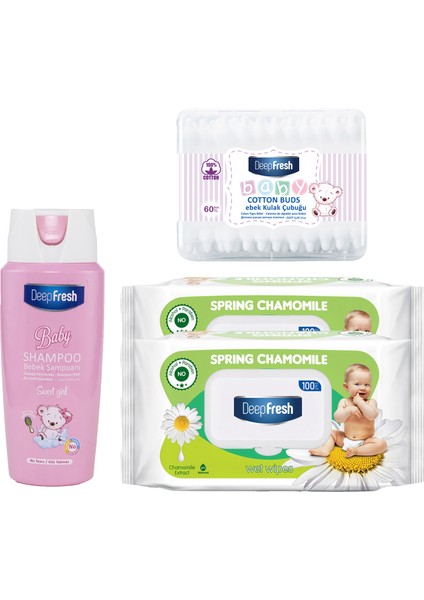 Deep Fresh Baby Kız Ekonomik Paket (Sweet Girl Şampuan 500 ml & Papatya Islak Mendil 200 Yaprak & Kulak Temizleme Çubuğu 60 Adet)