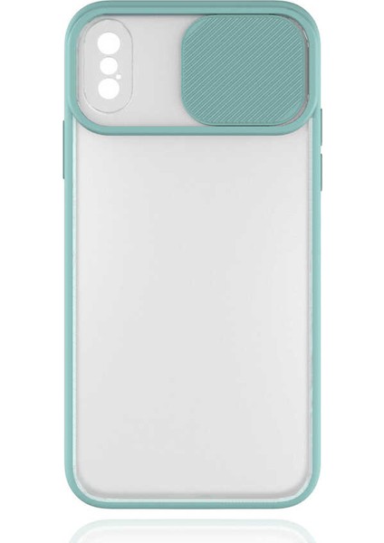 - Apple iPhone X - Kılıf Slayt Sürgülü Arkası Buzlu Lensi Kapak - Turkuaz
