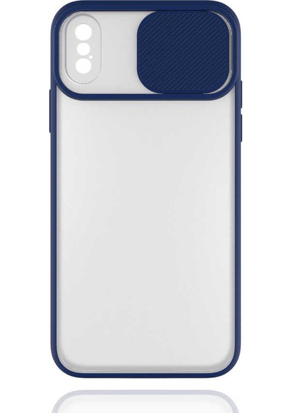 - Apple iPhone X - Kılıf Slayt Sürgülü Arkası Buzlu Lensi Kapak - Lacivert