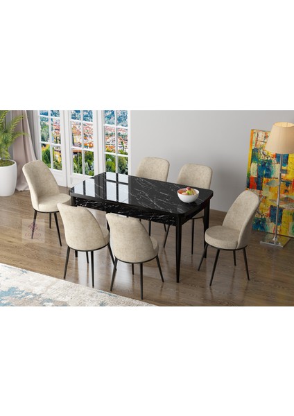 Concept Zen Siyah Mermer Yemek Masası Takım Mutfak Masası Takımı 6 Sandalye
