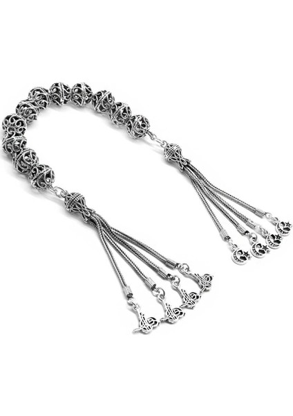 Tuğra-Ayyıldız Püsküllü Telkari Tasarım Küre Kesim 925 Ayar Gümüş Zaza Tesbih