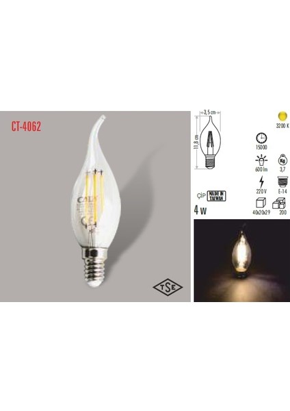 6'lı Paket Cata 4 W Kıvrık Rustik Filament Buji LED Ampul E14 Duy Iyiiş Elektrik