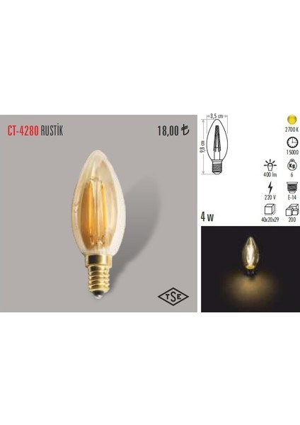 6'lı Paket 4 W Rustik LED Filament Buji Ampul E14 Duy Iyiiş Elektrik